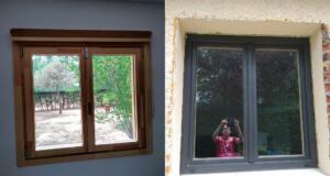 Ventana de madera y aluminio 2 hojas (interior color pino laminado y exterior aluminio gris oscuro)